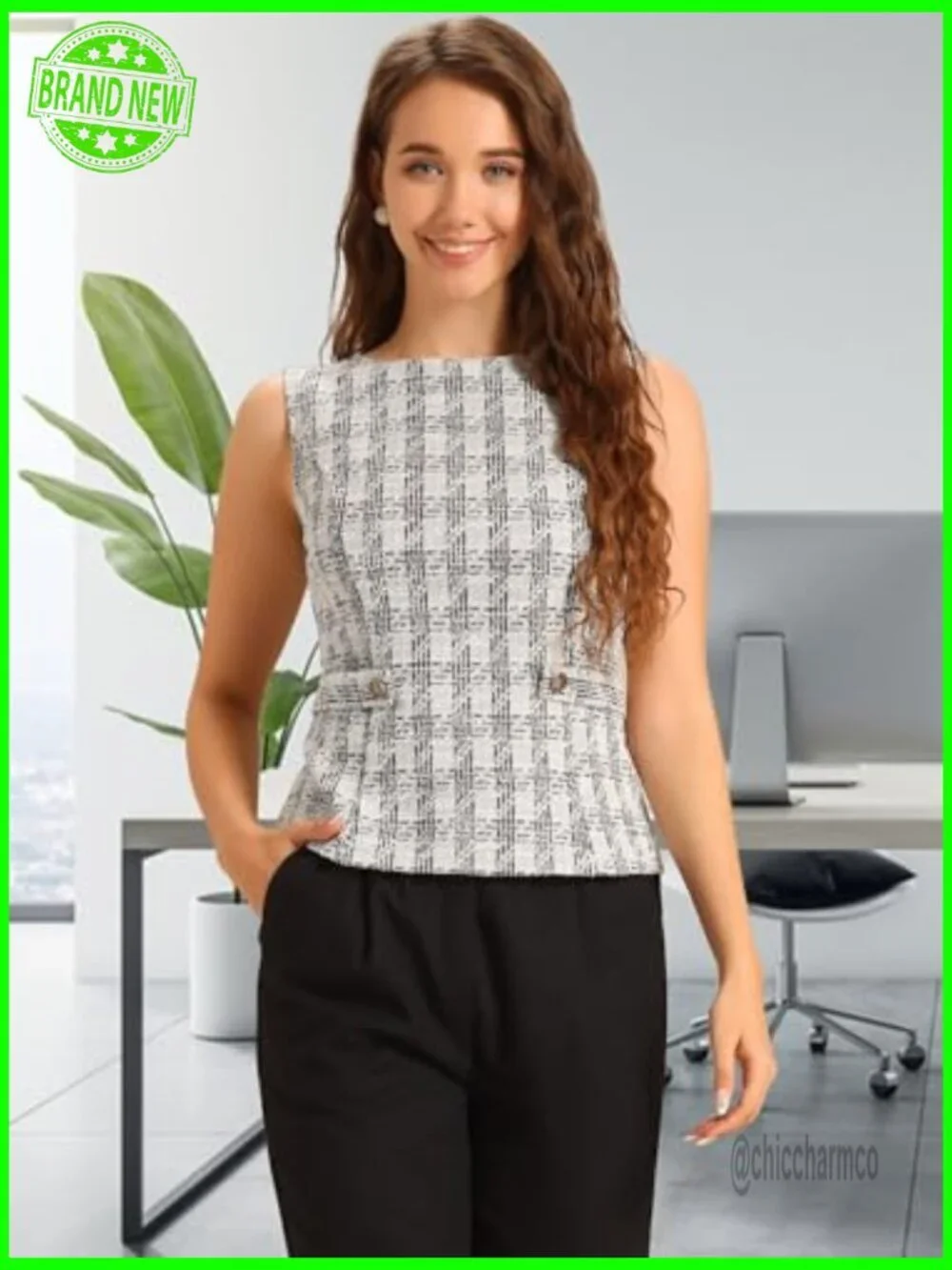Tweed Sleeveless Crew Neck Vest - Business Casual Dressy Blouse Top